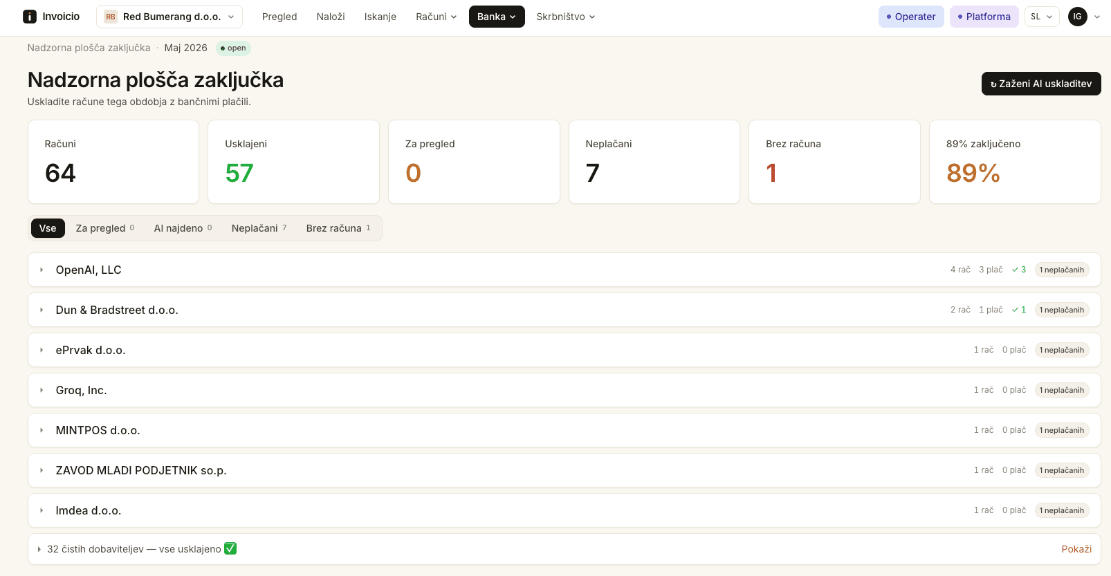 Invoicio closing cockpit: per-supplier reconciliation with matched payments, items to review and open invoices