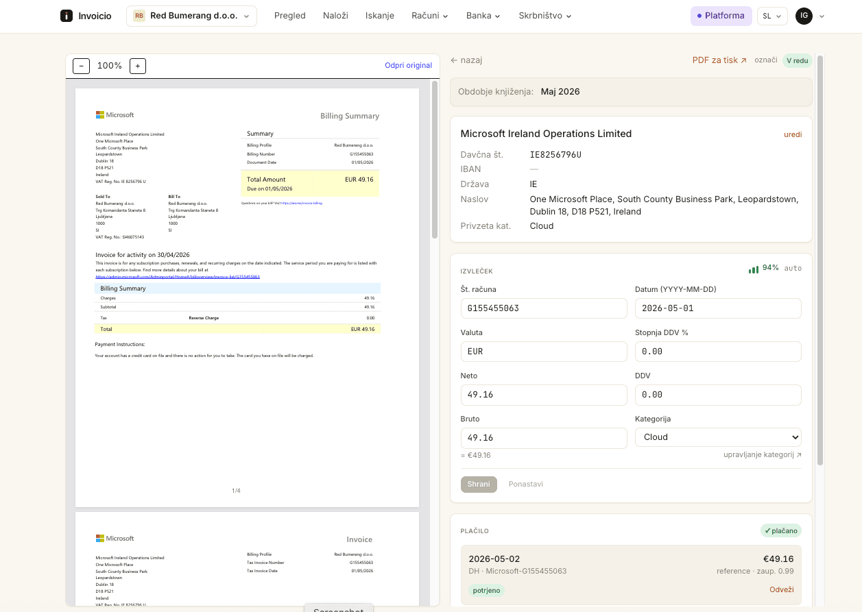 Invoice details read automatically and shown ready to confirm