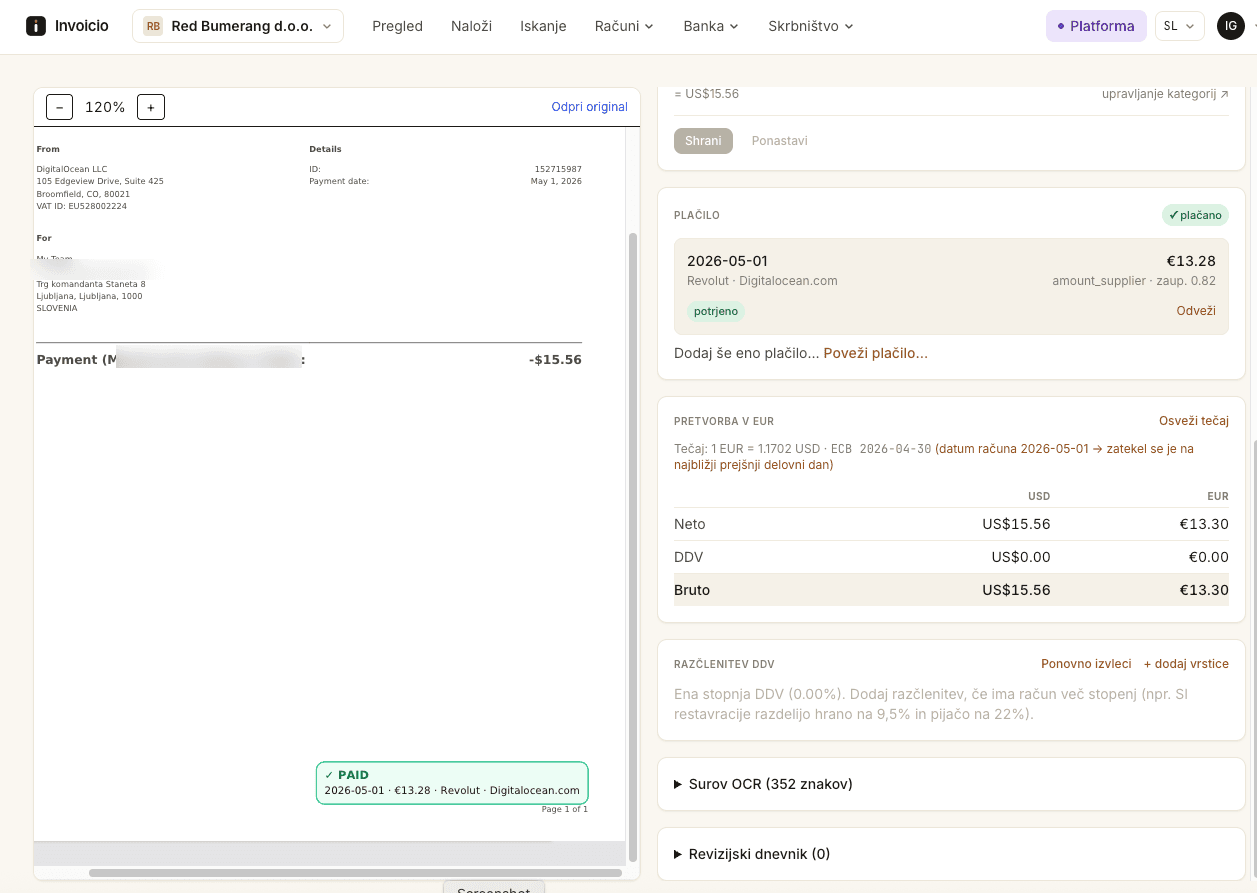 Bank payments matched to their invoices with paid and open status